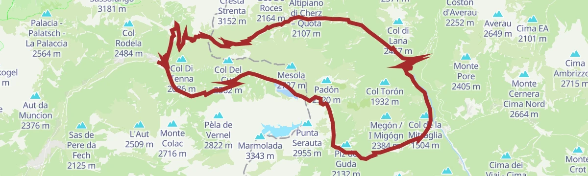 Route map: Canazei - Fedaia Pass - Rocca Pietore - Caprile - Arabba - Pordoi Pass - Canazei